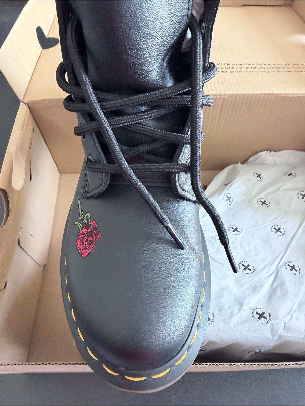 Dr. Martens Black Leather Lace-Up Boots with Red Rose Embroidery 🔥brand new 🔥 - Picture 6 of 10